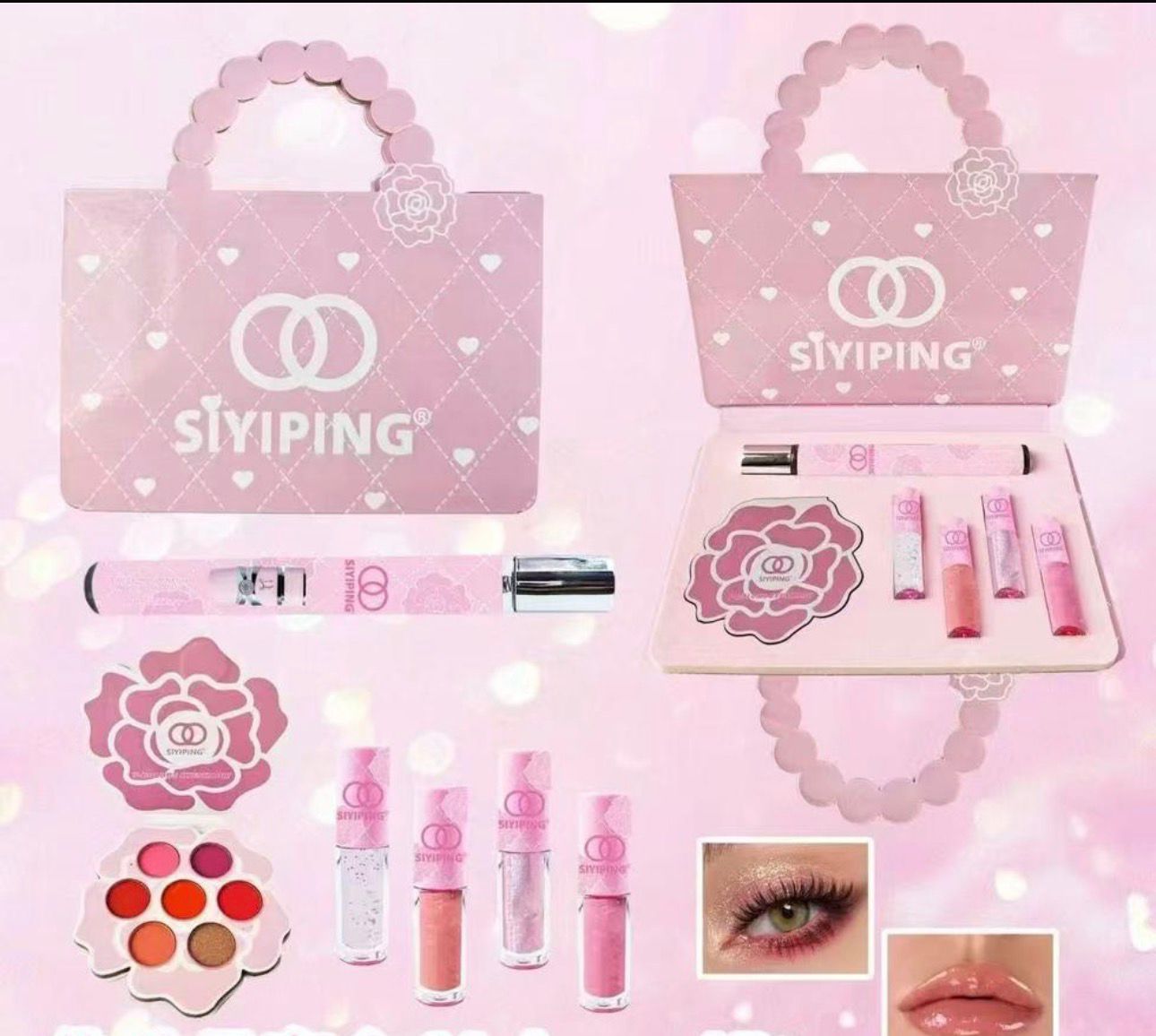 Set perfume, lipgloss and makeup pallet